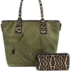Olive Studded Moto Satchel w/ Leopard Trim + Wallet | 2-in-1 Bag Set
